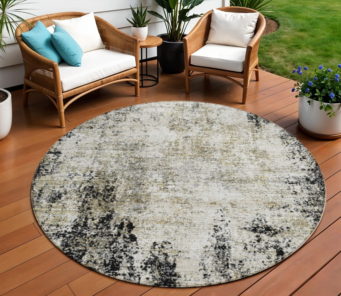 8' Black Ivory And Beige Round Abstract Washable Indoor Outdoor Area Rug-612306-1