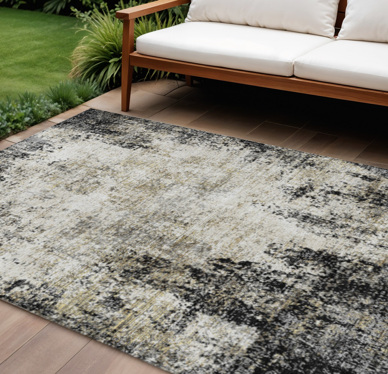 9' X 12' Black Ivory And Beige Abstract Washable Indoor Outdoor Area Rug-612308-1