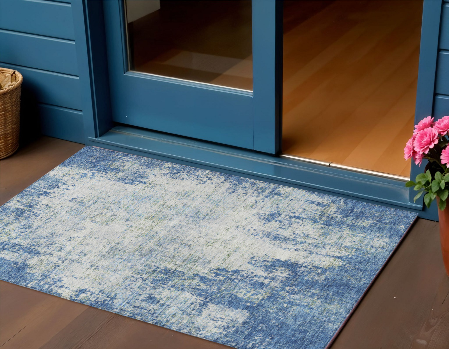 3' X 5' Denim Blue And Ivory Abstract Washable Indoor Outdoor Area Rug-612316-1