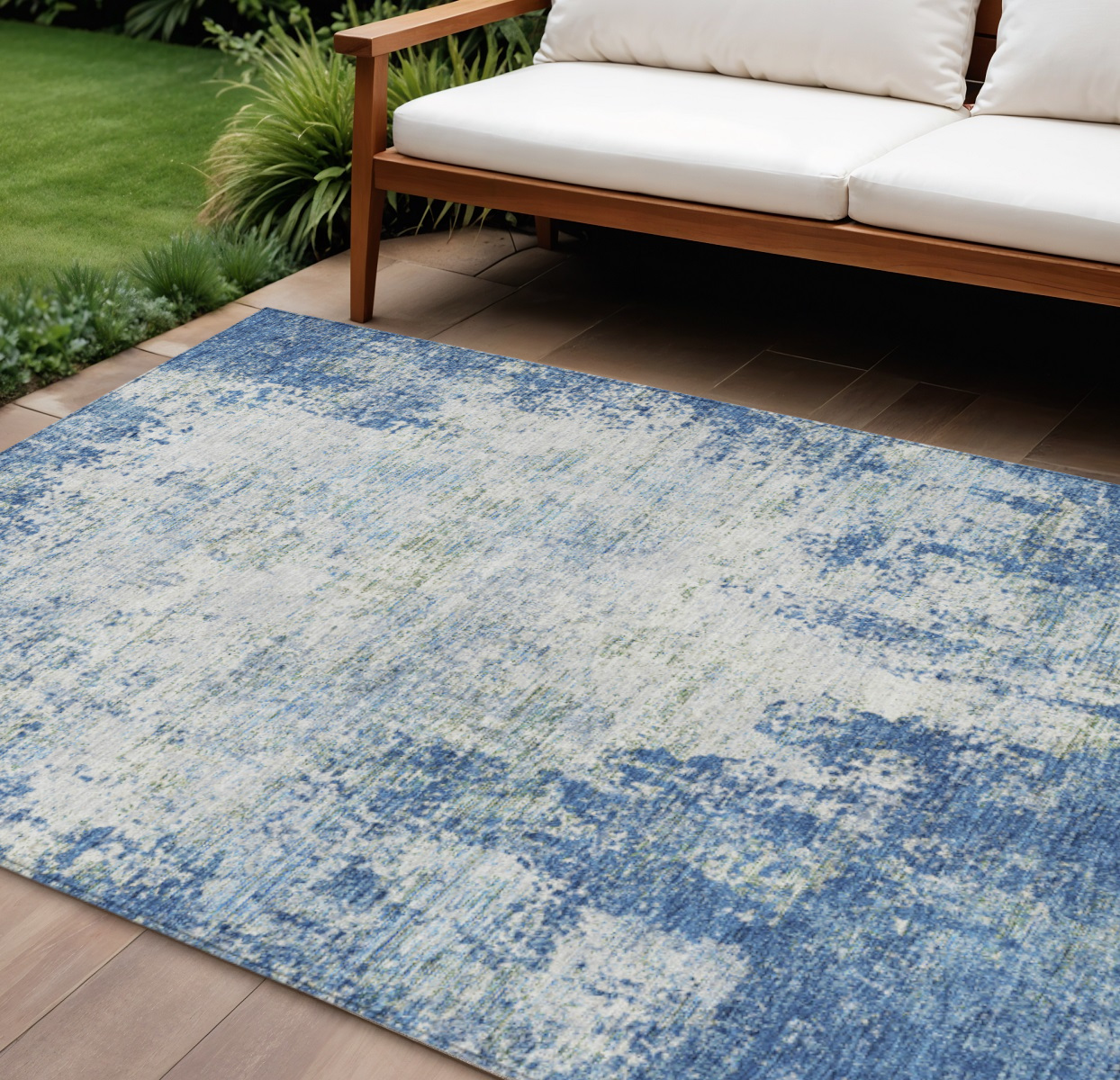 10' X 14' Denim Blue And Ivory Abstract Washable Indoor Outdoor Area Rug-612321-1