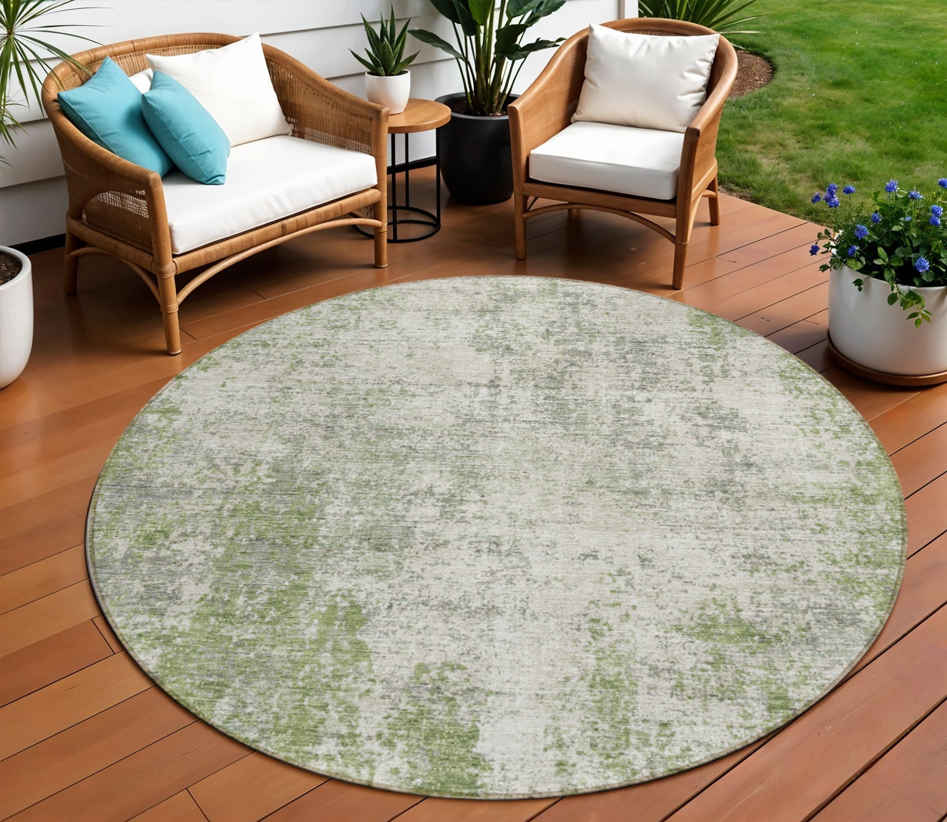 8' Green And Ivory Round Abstract Washable Indoor Outdoor Area Rug-612324-1