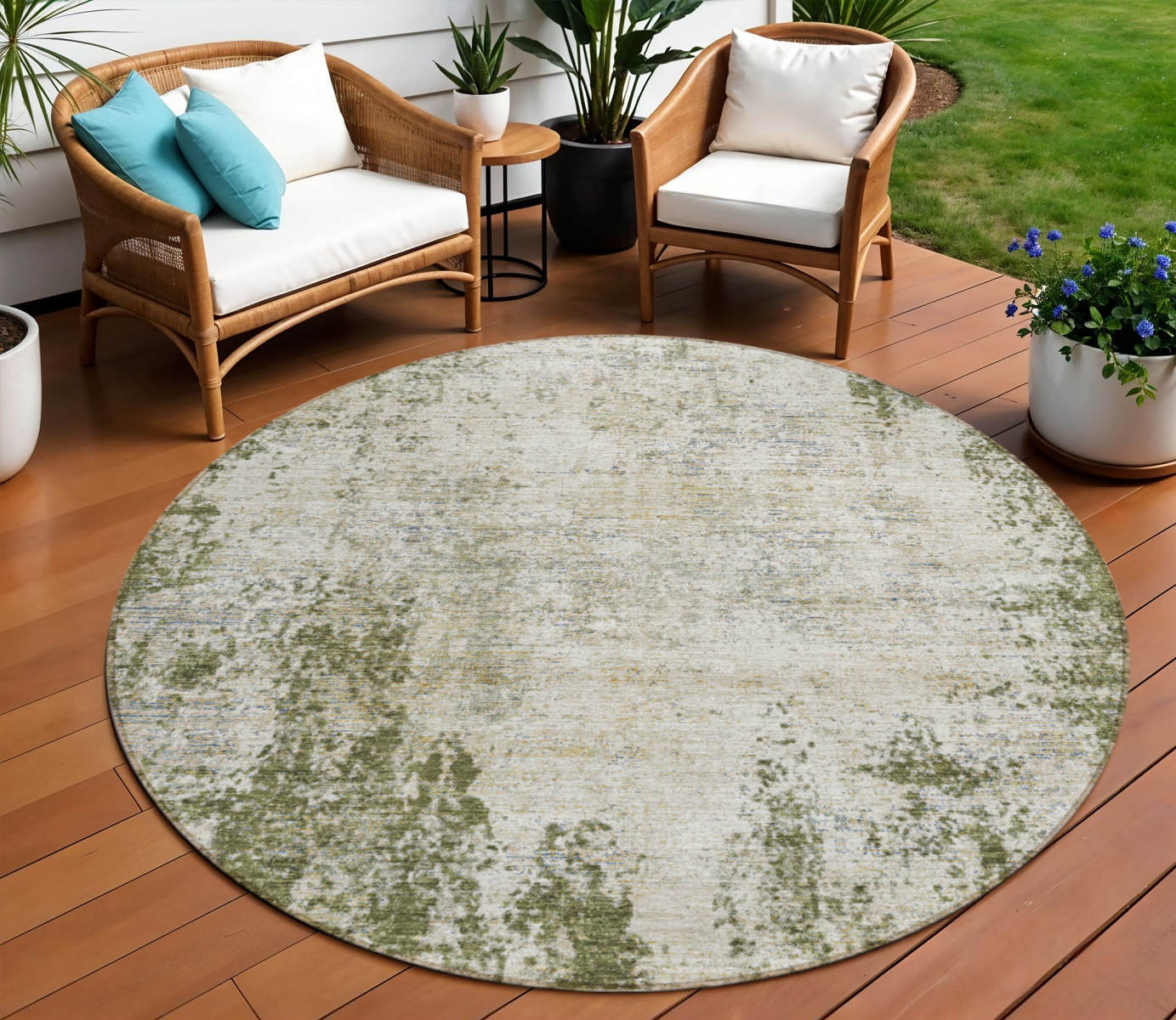 8' Olive Green And Ivory Round Abstract Washable Indoor Outdoor Area Rug-612336-1