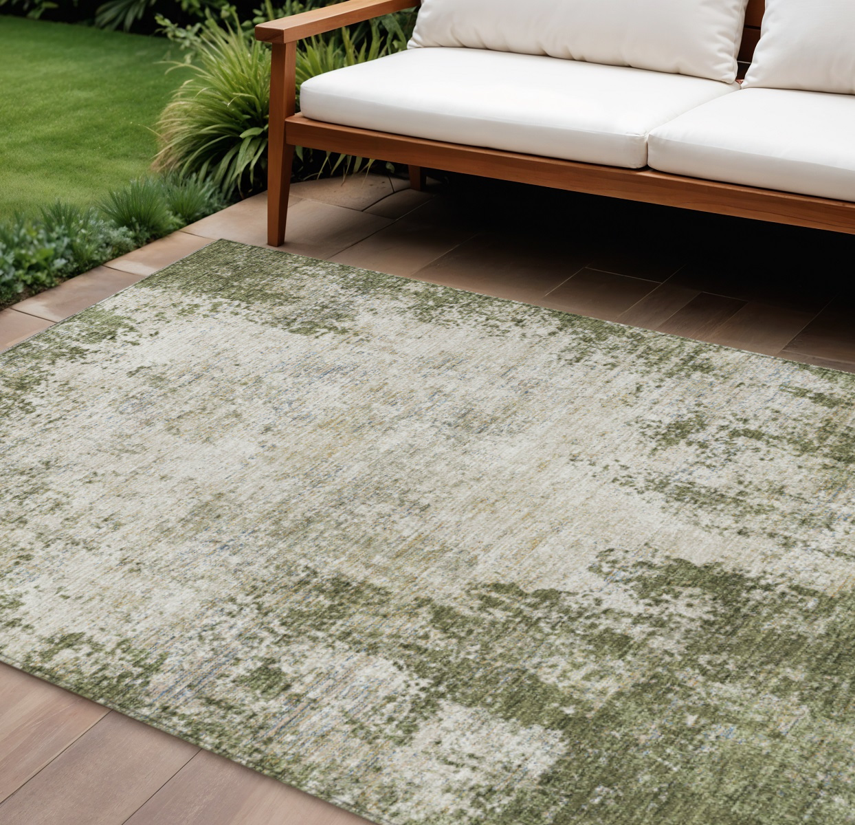 8' X 10' Olive Green And Ivory Abstract Washable Indoor Outdoor Area Rug-612337-1
