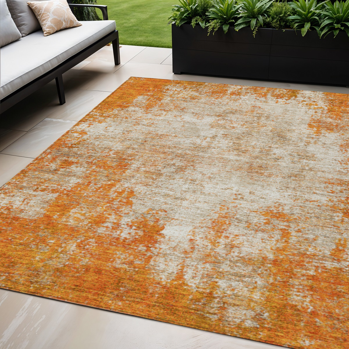 5' X 8' Orange And Ivory Abstract Washable Indoor Outdoor Area Rug-612341-1