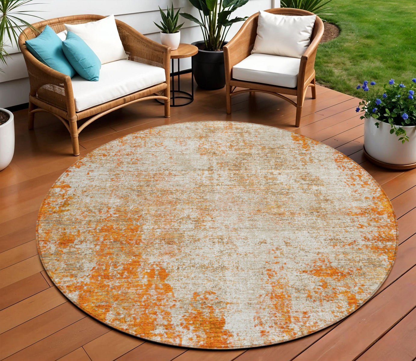 8' Orange And Ivory Round Abstract Washable Indoor Outdoor Area Rug-612342-1