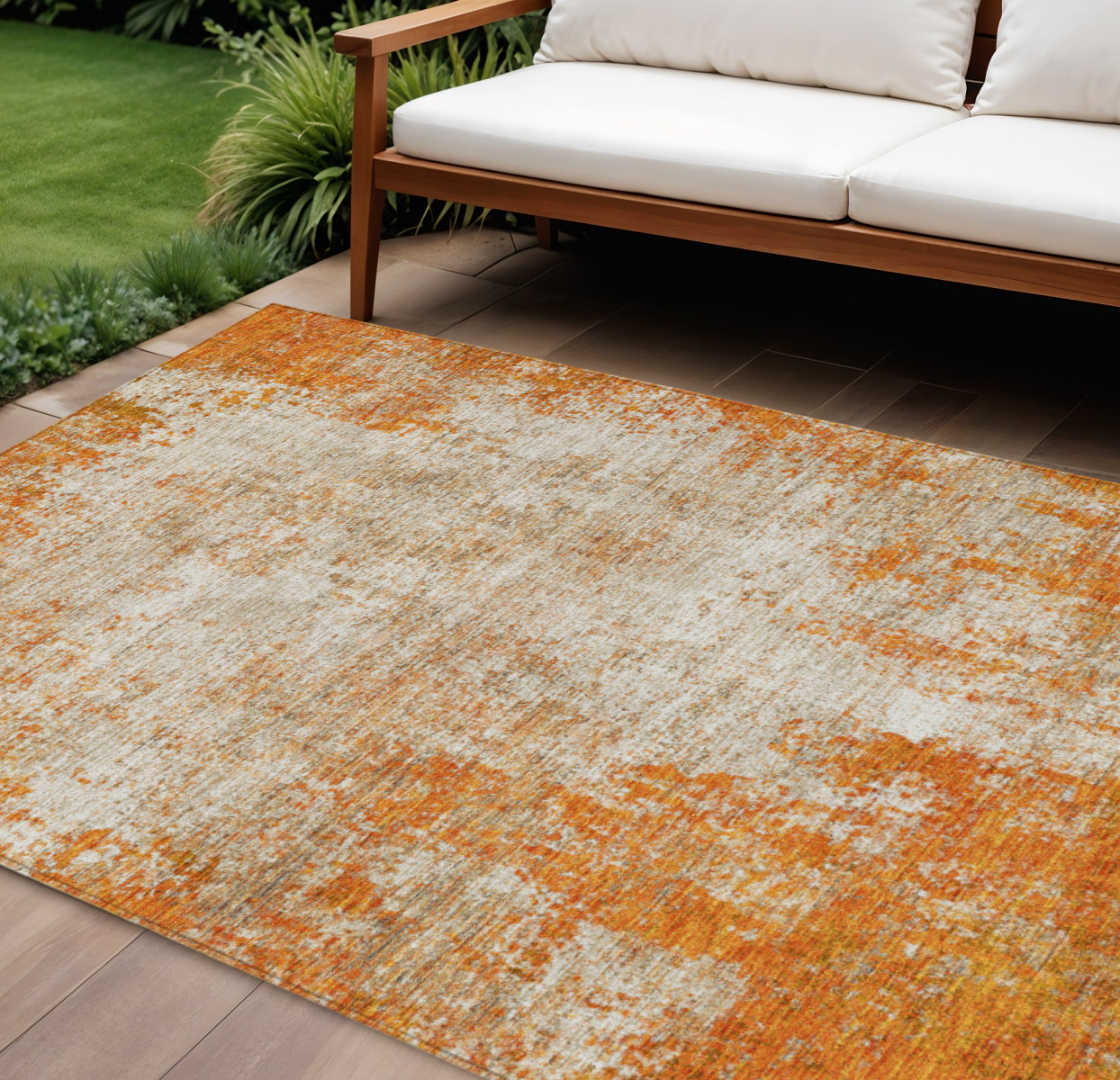 10' X 14' Orange And Ivory Abstract Washable Indoor Outdoor Area Rug-612345-1
