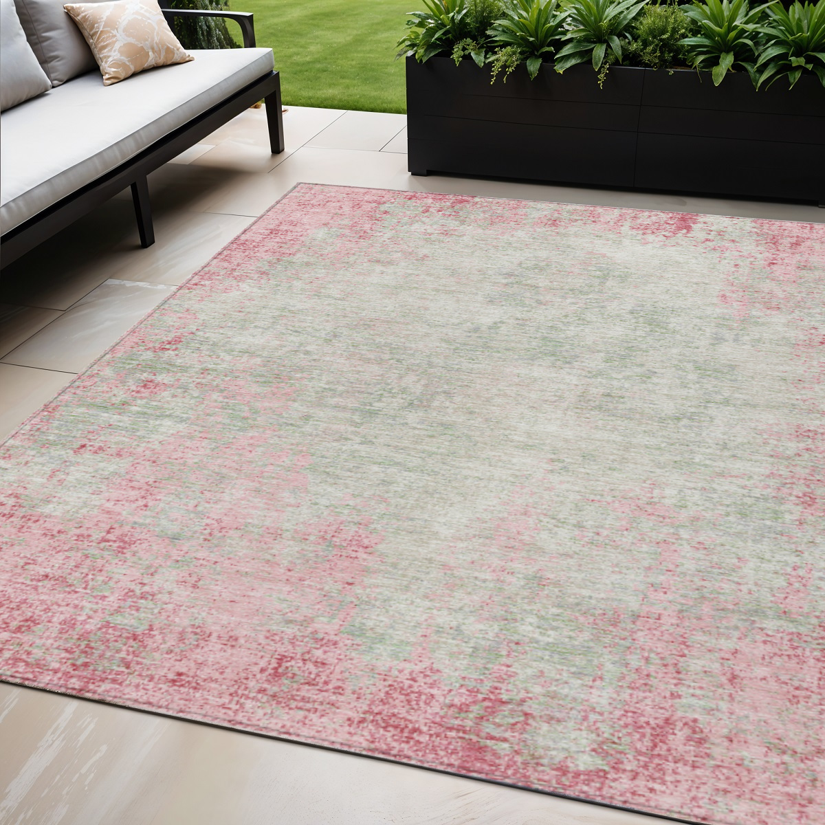 5' X 8' Pink And Ivory Abstract Washable Indoor Outdoor Area Rug-612347-1