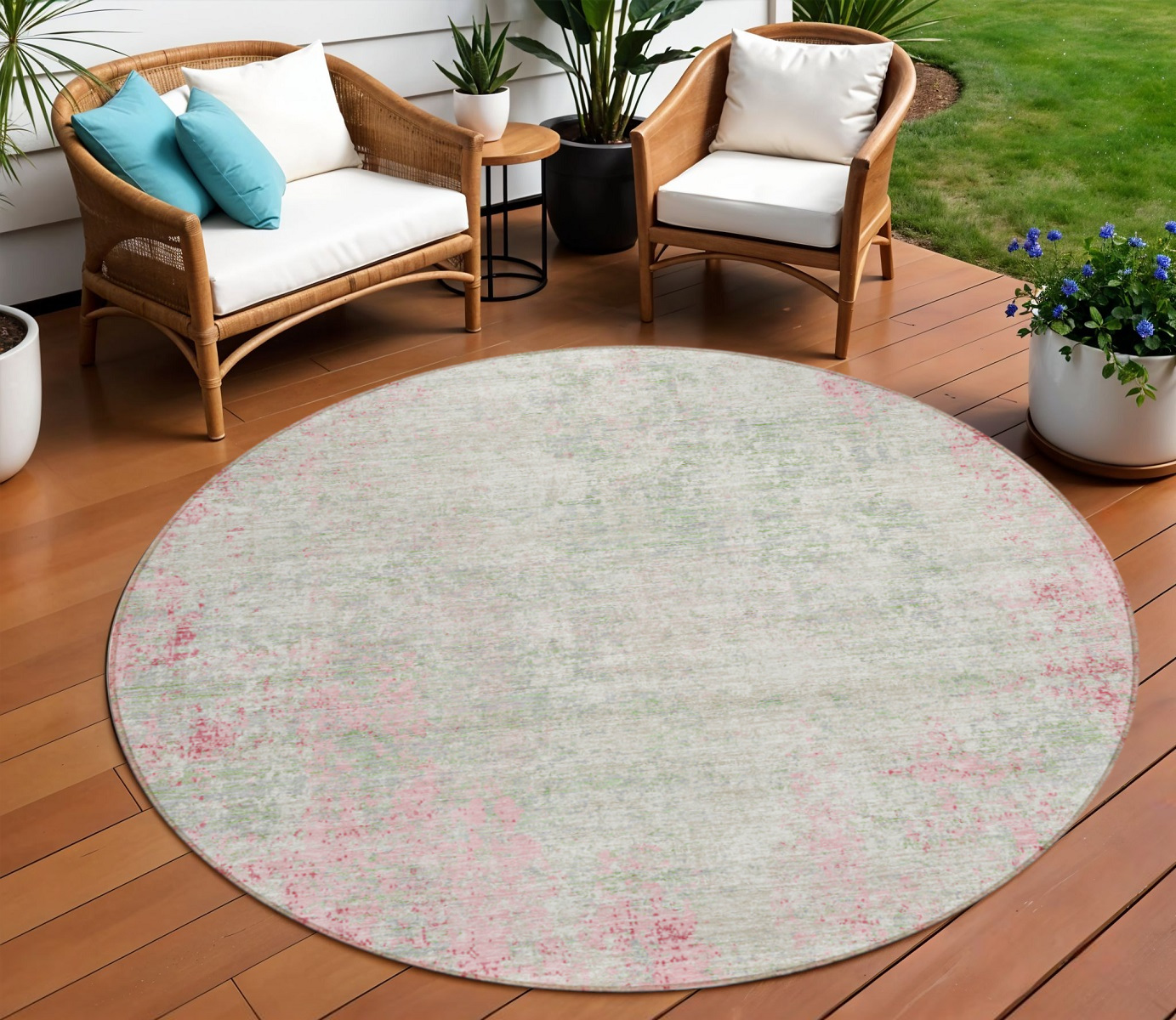 8' Pink And Ivory Round Abstract Washable Indoor Outdoor Area Rug-612348-1
