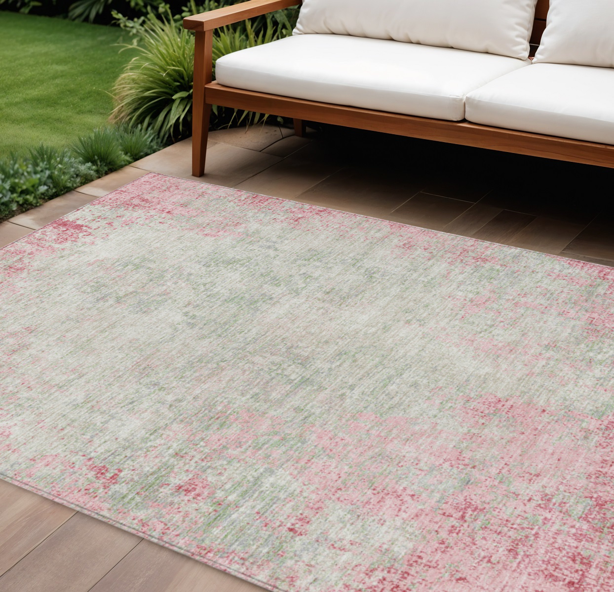 9' X 12' Pink And Ivory Abstract Washable Indoor Outdoor Area Rug-612350-1