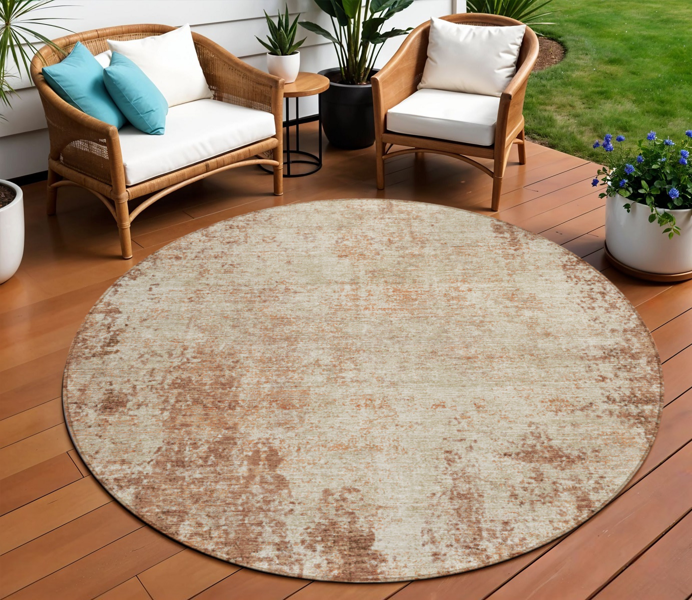 8' Orange And Beige Round Abstract Washable Indoor Outdoor Area Rug-612354-1