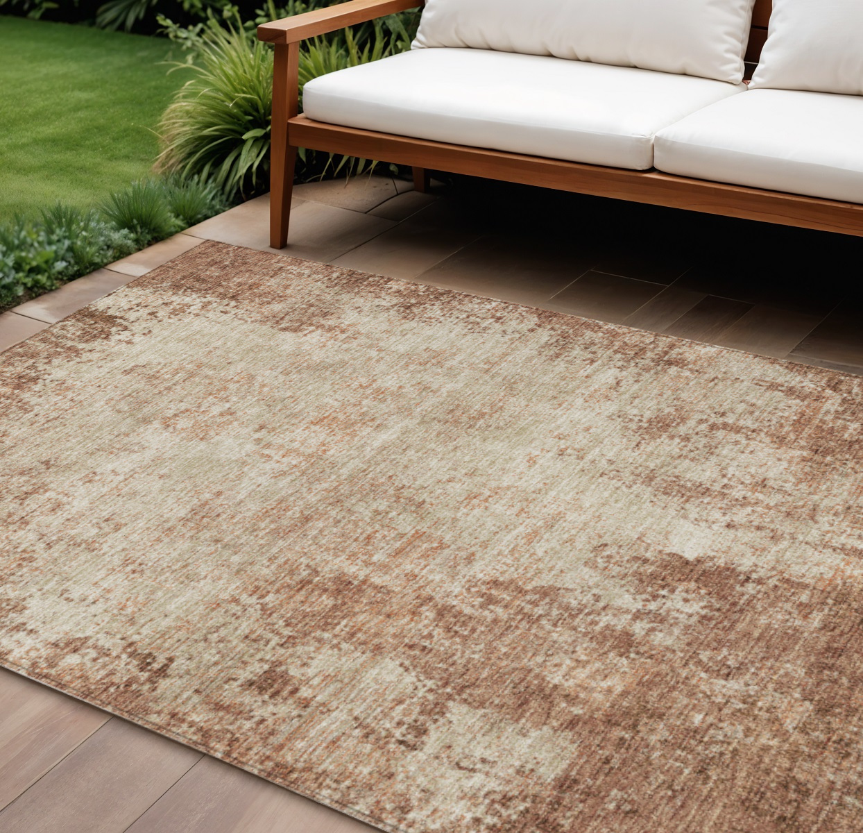 8' X 10' Orange And Beige Abstract Washable Indoor Outdoor Area Rug-612355-1