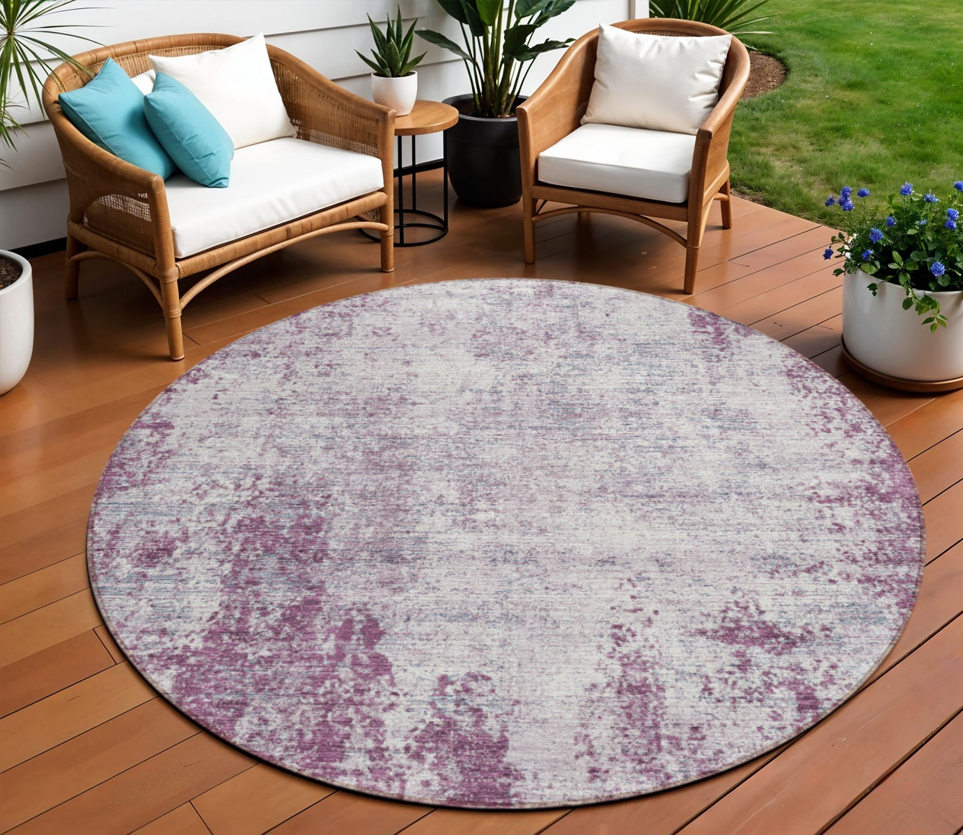8' Plum And Ivory Round Abstract Washable Indoor Outdoor Area Rug-612360-1