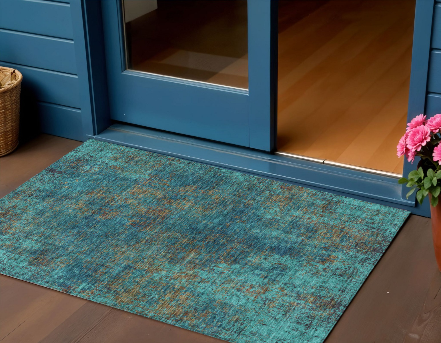 3' X 5' Teal Blue Navy Blue And Brown Abstract Washable Indoor Outdoor Area Rug-612364-1