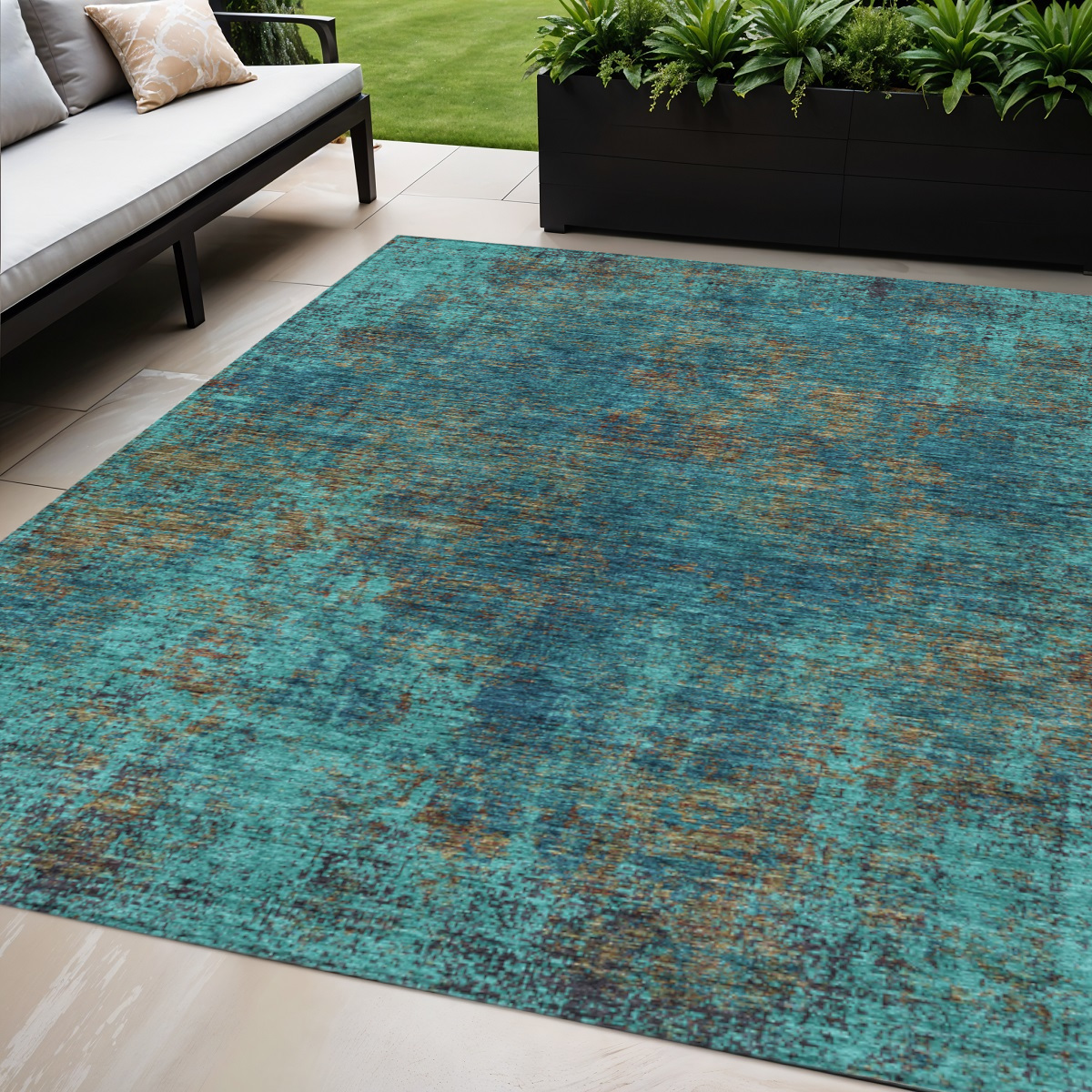 5' X 8' Teal Blue Navy Blue And Brown Abstract Washable Indoor Outdoor Area Rug-612365-1