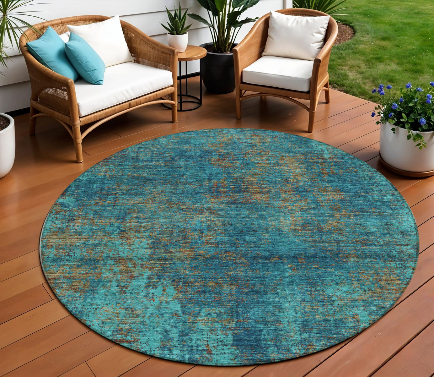 8' Teal Blue Navy Blue And Brown Round Abstract Washable Indoor Outdoor Area Rug-612366-1