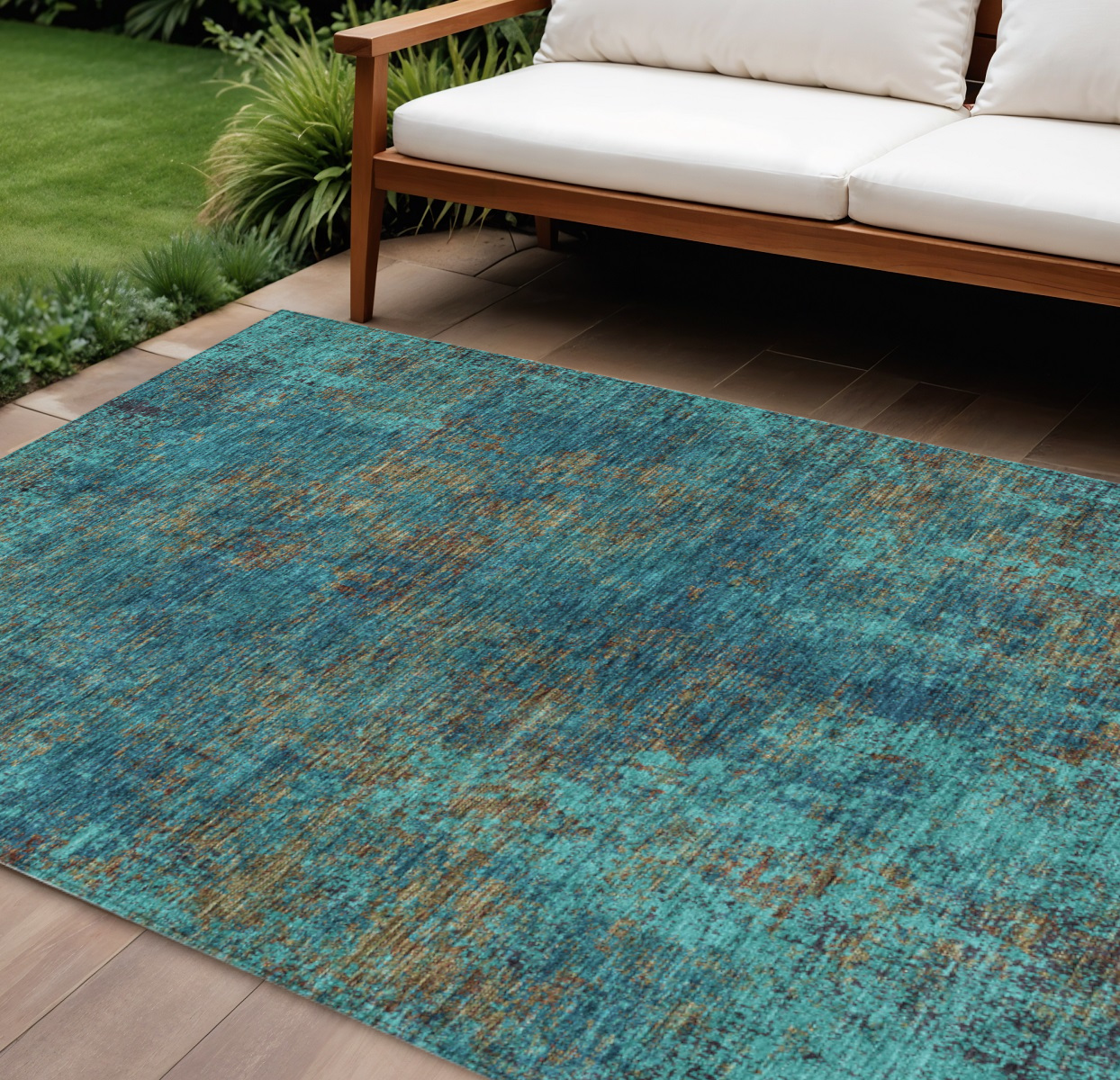 8' X 10' Teal Blue Navy Blue And Brown Abstract Washable Indoor Outdoor Area Rug-612367-1