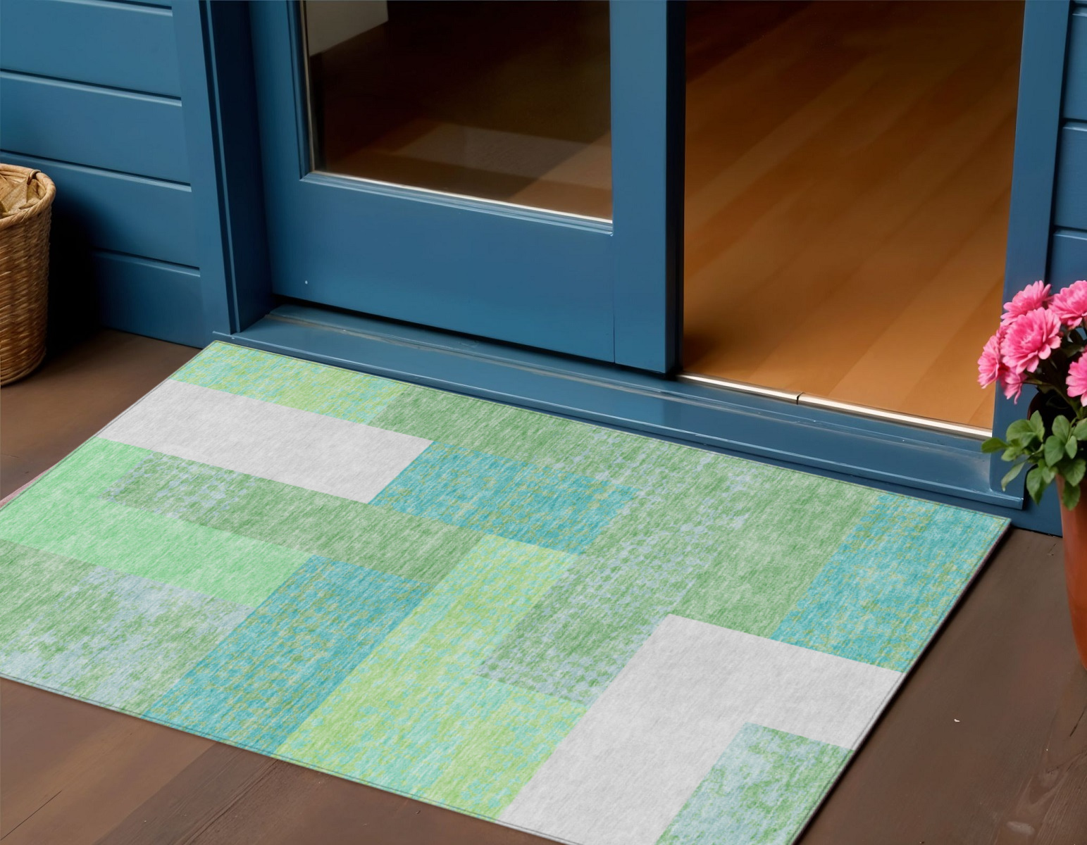 3' X 5' Sage Mint Green Teal Blue And Ivory Geometric Washable Indoor Outdoor Area Rug-612382-1