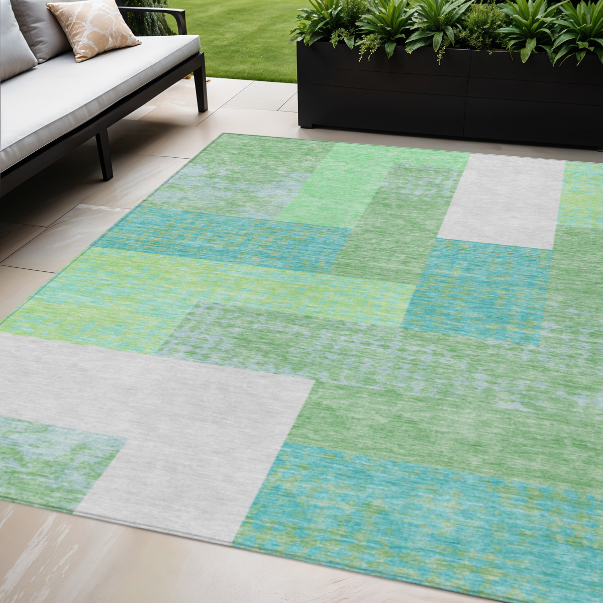 5' X 8' Sage Mint Green Teal Blue And Ivory Geometric Washable Indoor Outdoor Area Rug-612383-1