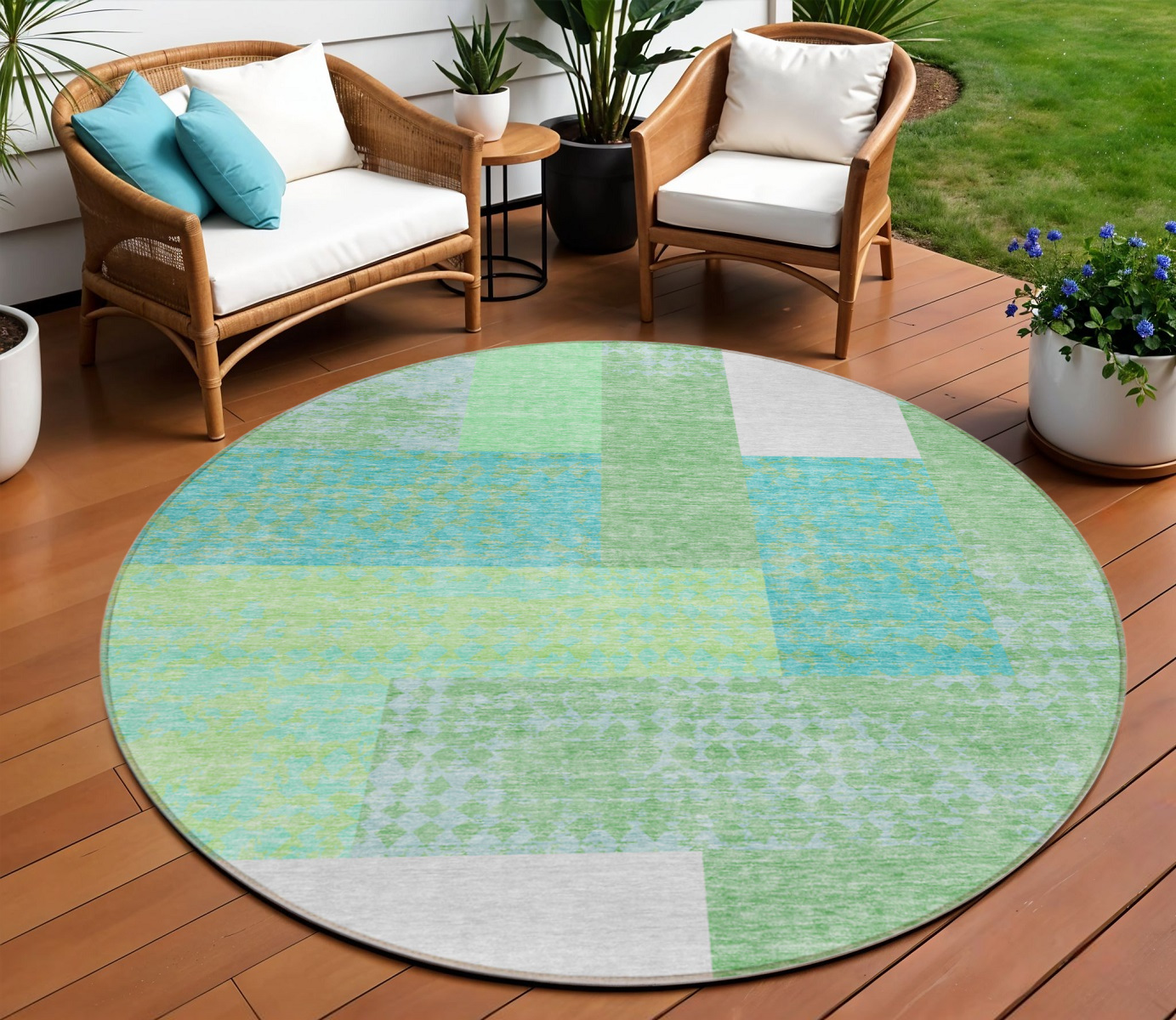 8' Sage Mint Green Teal Blue And Ivory Round Geometric Washable Indoor Outdoor Area Rug-612384-1