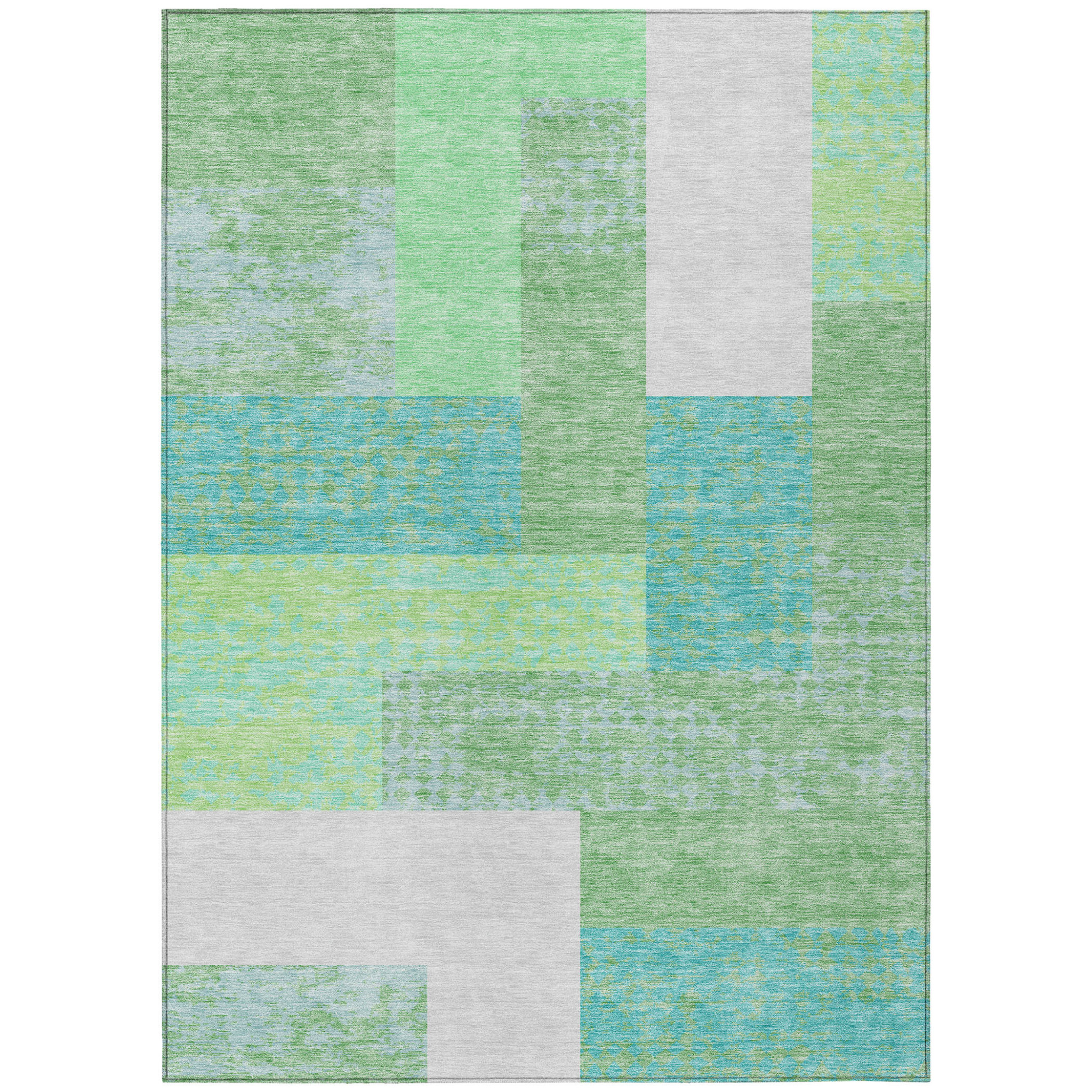 8' X 10' Sage Mint Green Teal Blue And Ivory Geometric Washable Indoor Outdoor Area Rug-612385-1