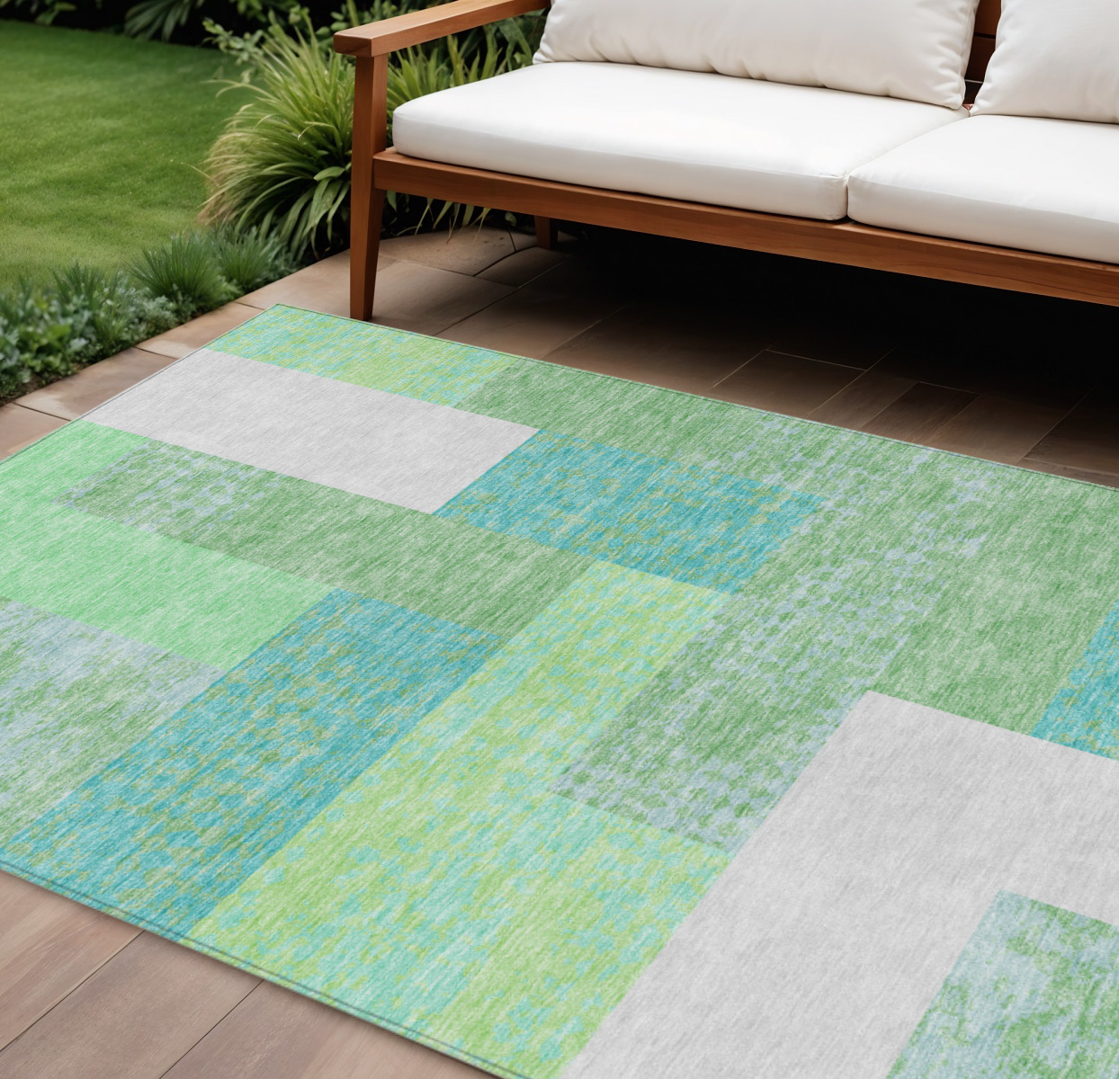 9' X 12' Sage Mint Green Teal Blue And Ivory Geometric Washable Indoor Outdoor Area Rug-612386-1