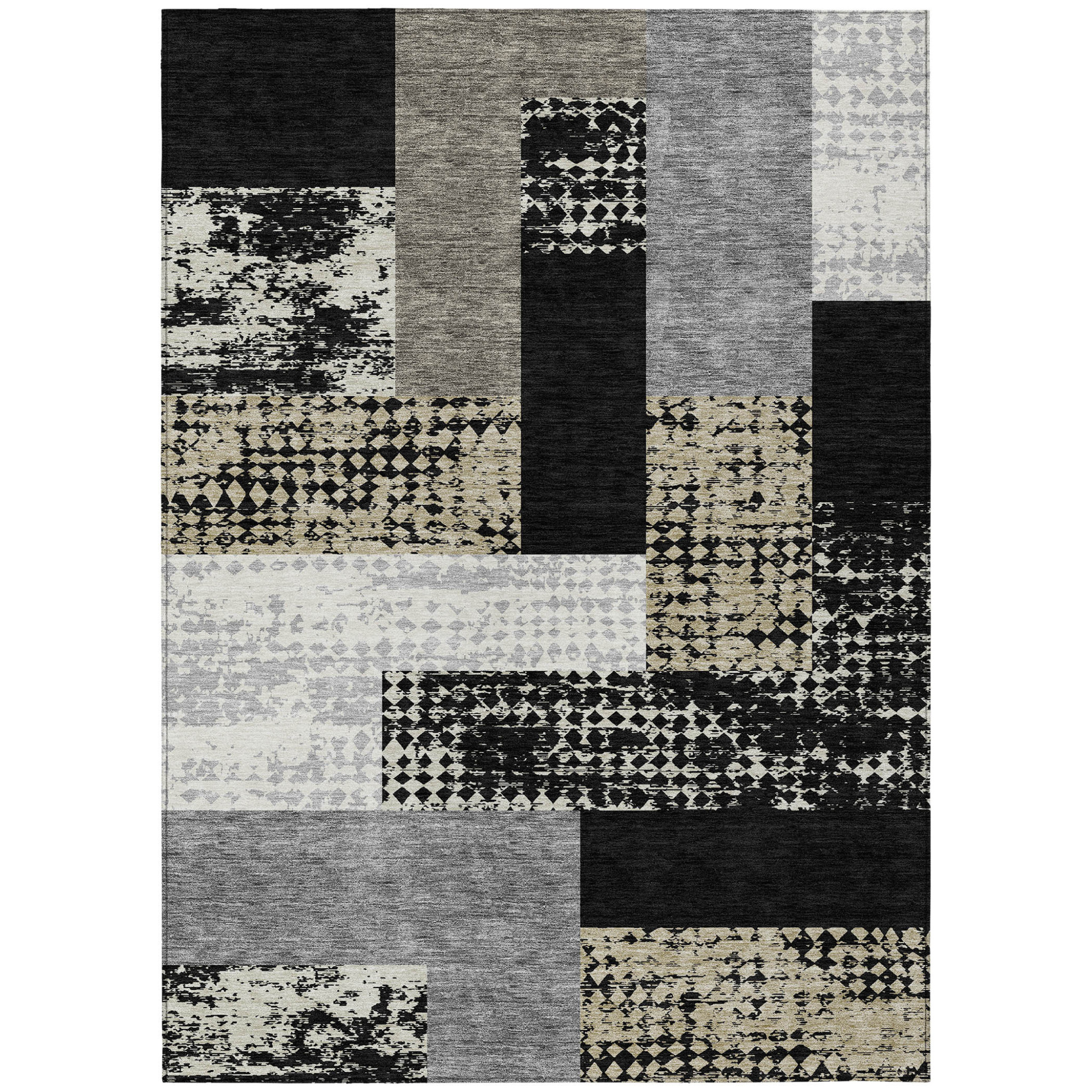 3' X 5' Black Taupe And Ivory Geometric Washable Indoor Outdoor Area Rug-612388-1