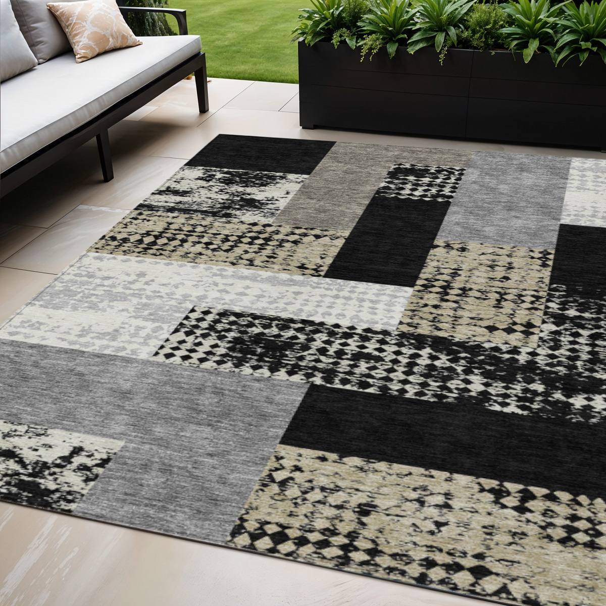 5' X 8' Black Taupe And Ivory Geometric Washable Indoor Outdoor Area Rug-612389-1