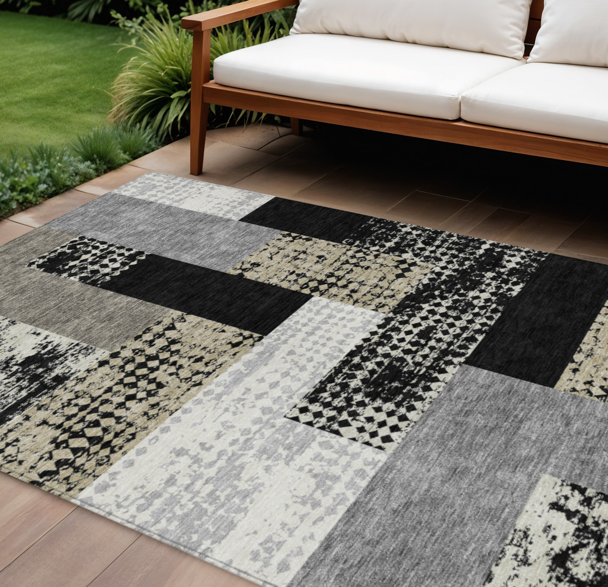 10' X 14' Black Taupe And Ivory Geometric Washable Indoor Outdoor Area Rug-612393-1