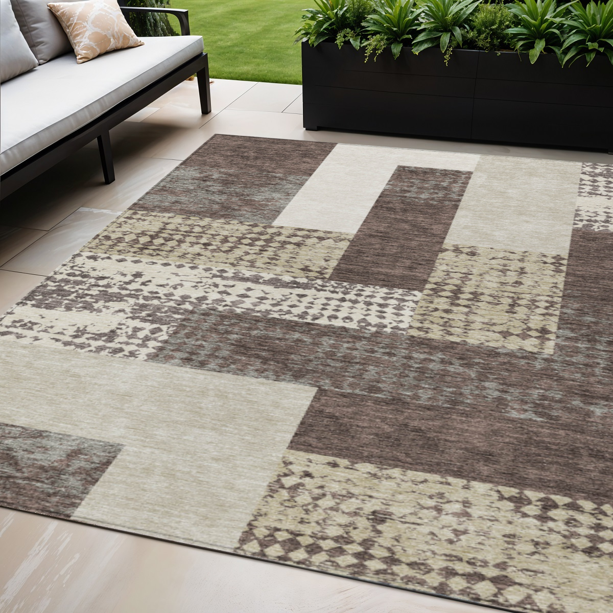 5' X 8' Brown Beige And Ivory Geometric Washable Indoor Outdoor Area Rug-612395-1