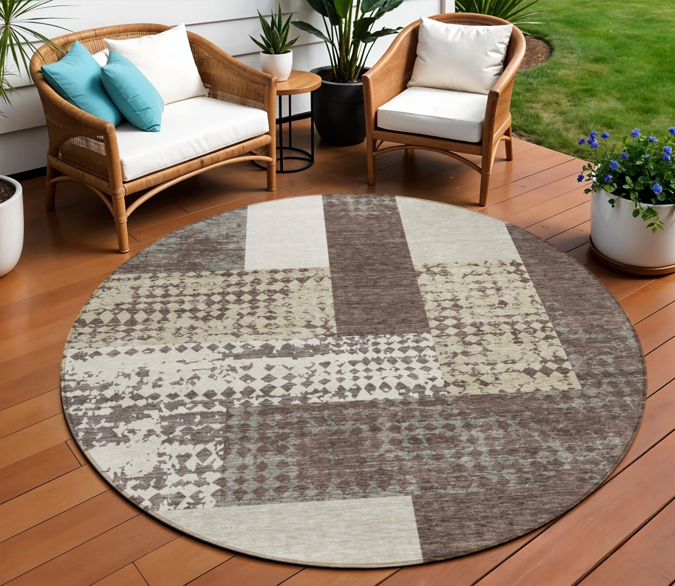8' Brown Beige And Ivory Round Geometric Washable Indoor Outdoor Area Rug-612396-1