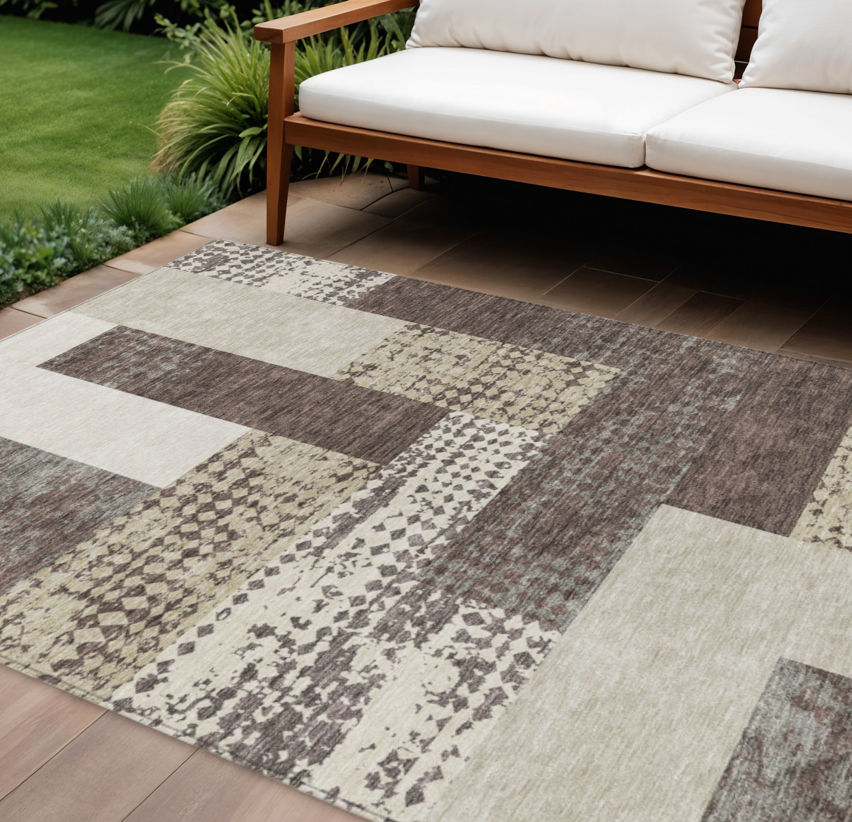 10' X 14' Brown Beige And Ivory Geometric Washable Indoor Outdoor Area Rug-612399-1