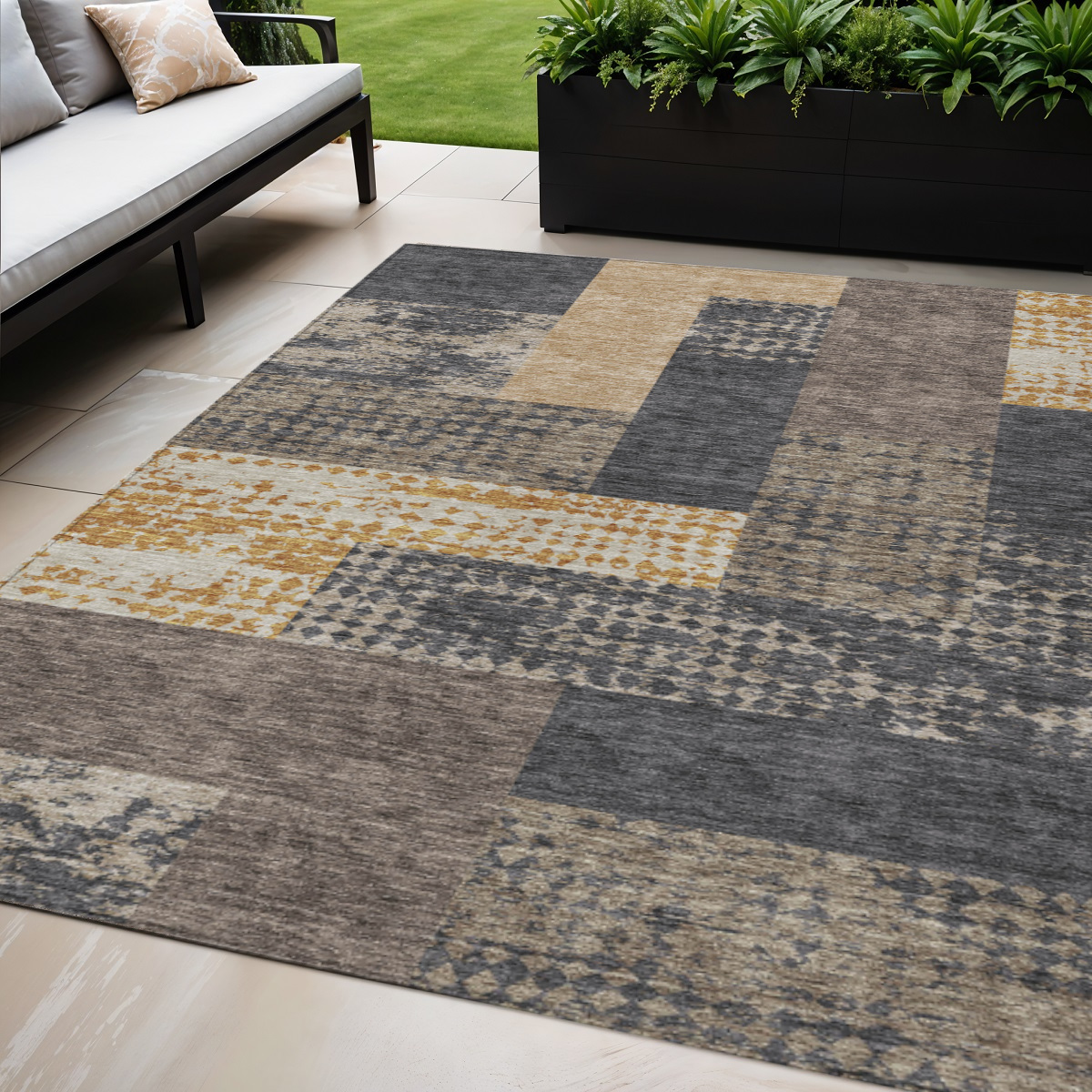 5' X 8' Coffee Taupe And Gold Geometric Washable Indoor Outdoor Area Rug-612401-1
