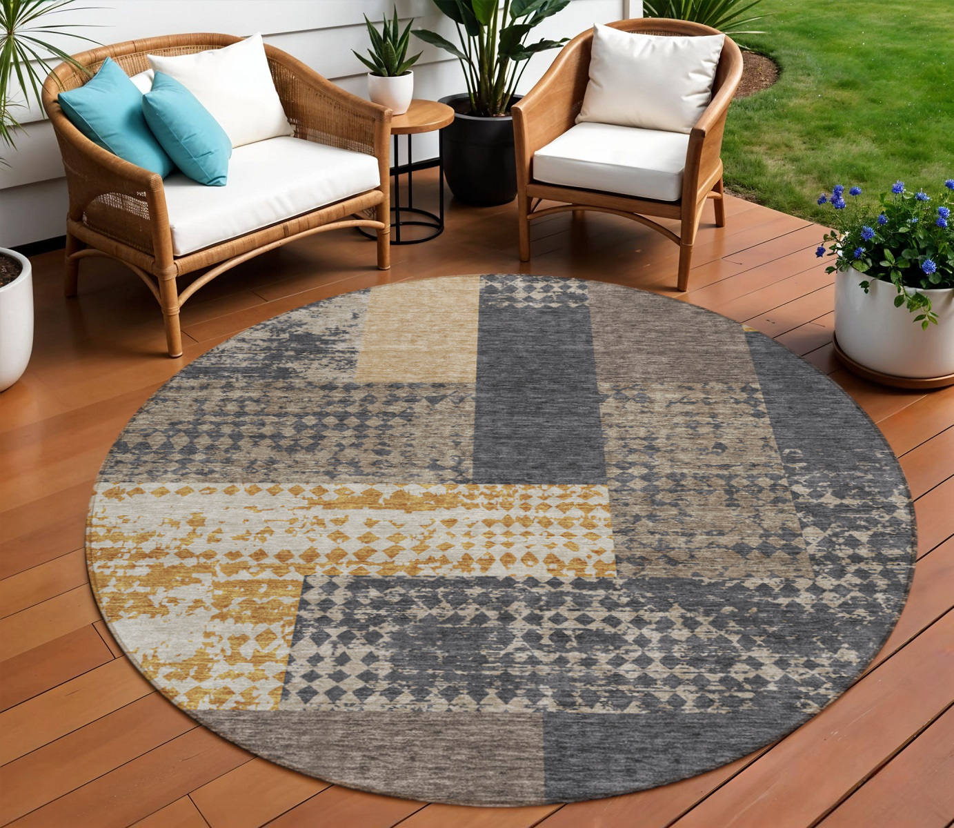 8' Coffee Taupe And Gold Round Geometric Washable Indoor Outdoor Area Rug-612402-1