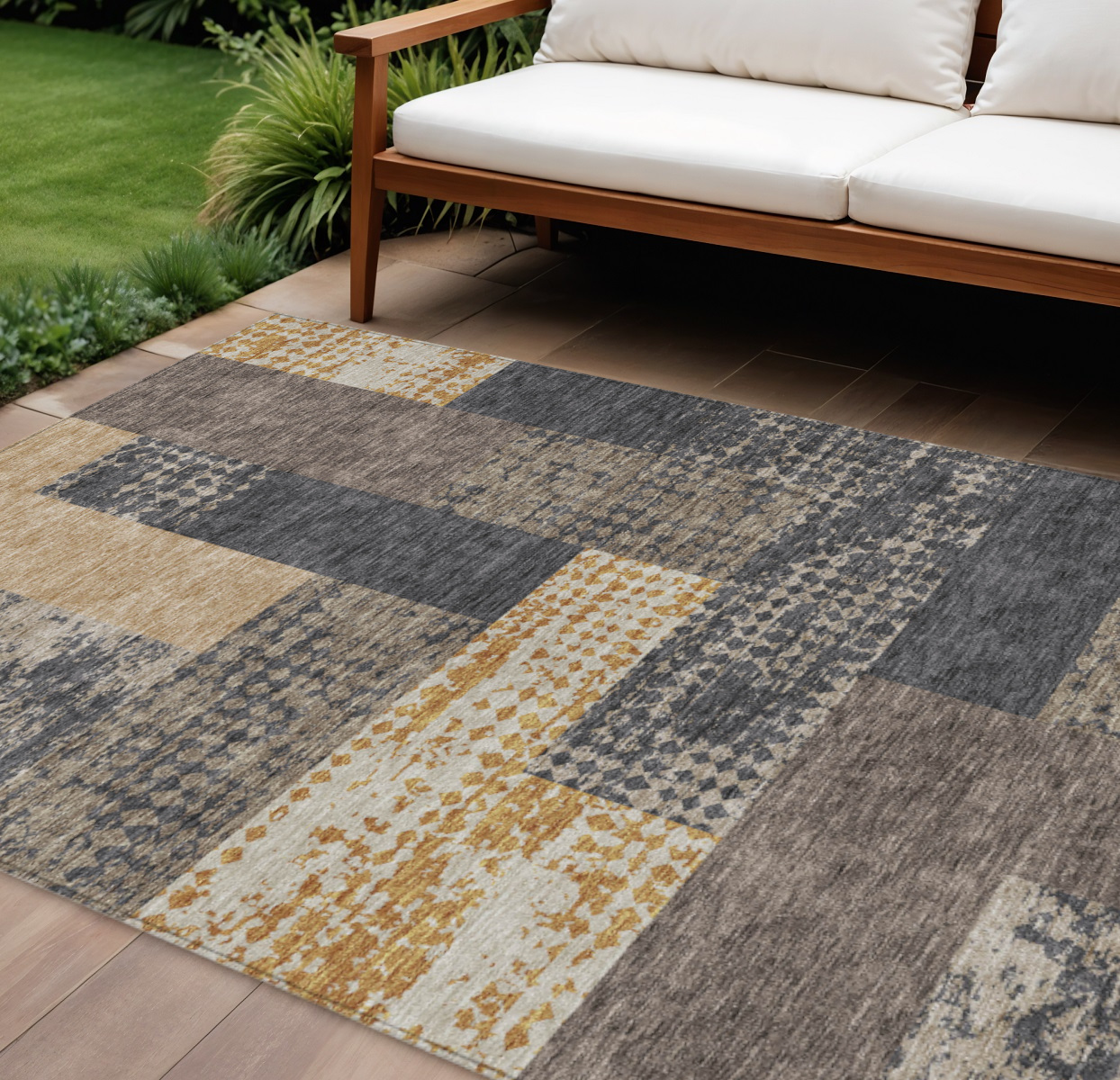 8' X 10' Coffee Taupe And Gold Geometric Washable Indoor Outdoor Area Rug-612403-1