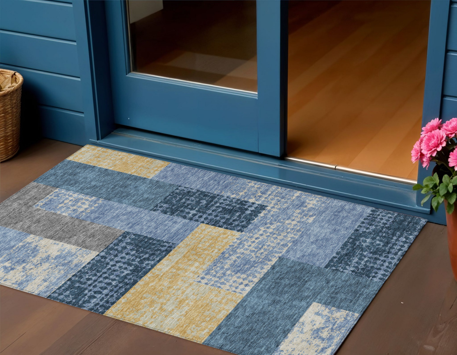 3' X 5' Denim Blue And Gold Geometric Washable Indoor Outdoor Area Rug-612406-1