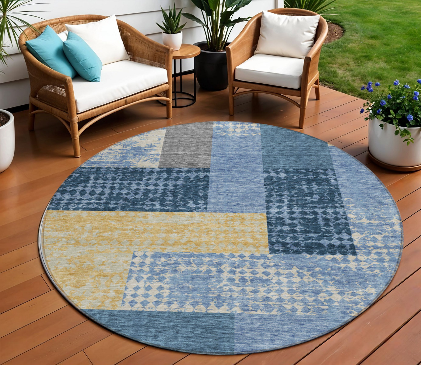 8' Denim Blue And Gold Round Geometric Washable Indoor Outdoor Area Rug-612408-1