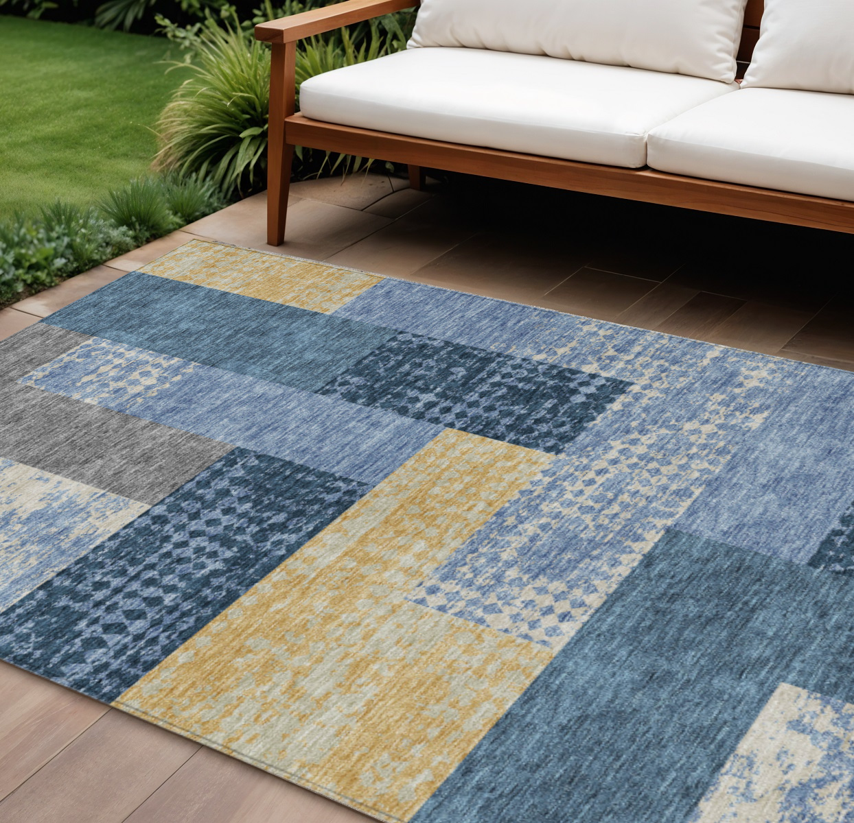 9' X 12' Denim Blue And Gold Geometric Washable Indoor Outdoor Area Rug-612410-1