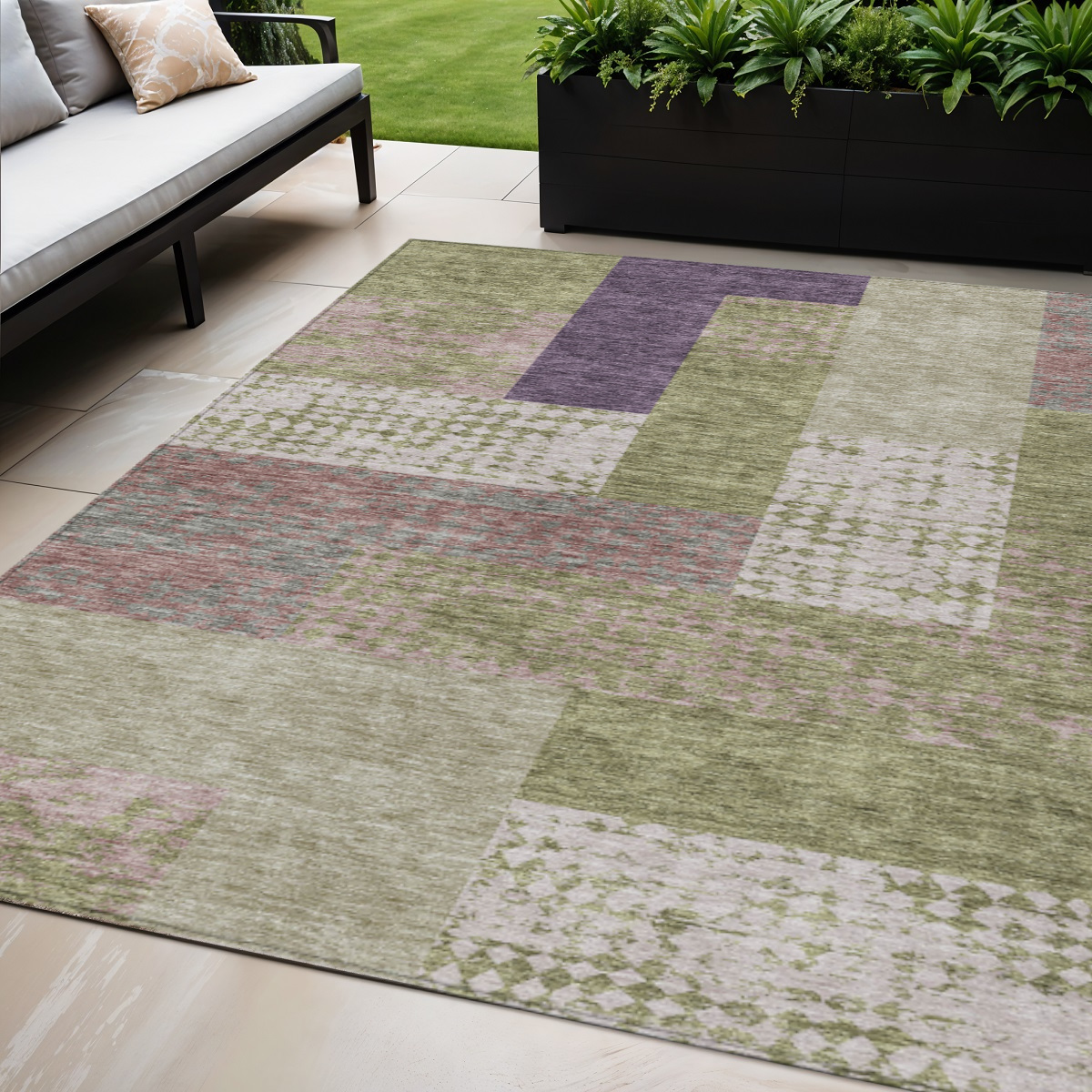 5' X 8' Green Purple And Pink Geometric Washable Indoor Outdoor Area Rug-612413-1