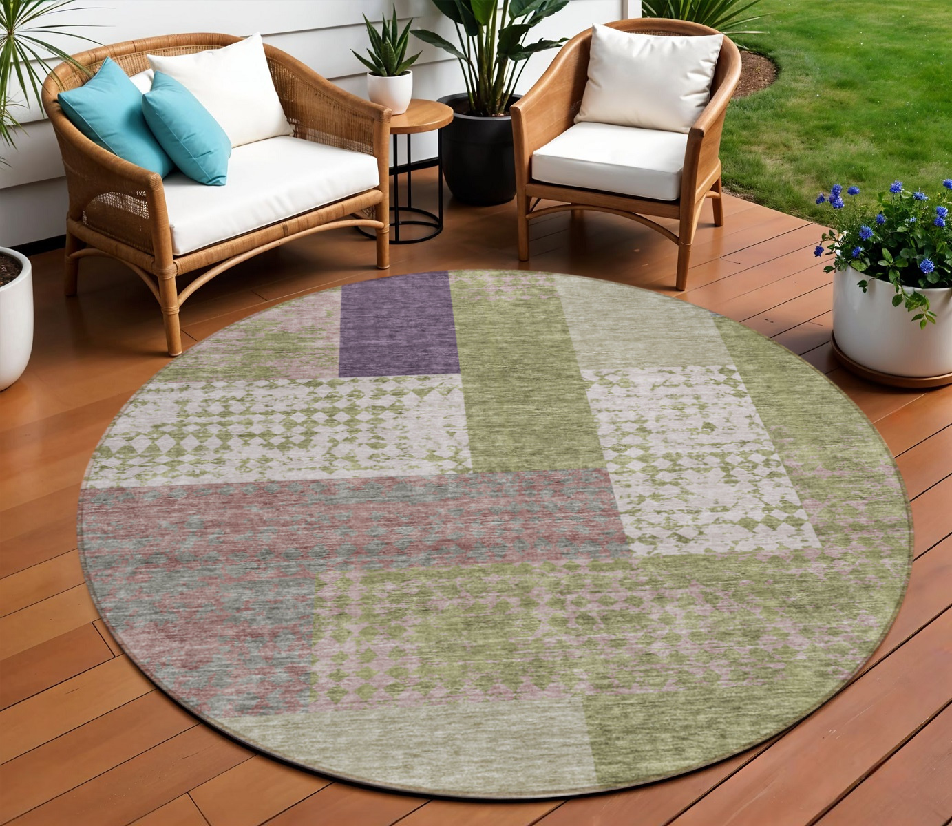 8' Green Purple And Pink Round Geometric Washable Indoor Outdoor Area Rug-612414-1