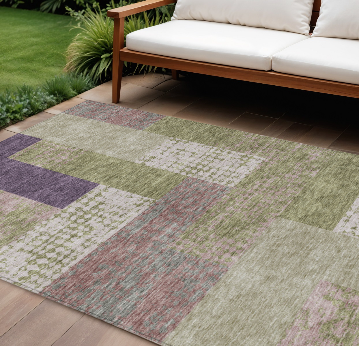 9' X 12' Green Purple And Pink Geometric Washable Indoor Outdoor Area Rug-612416-1