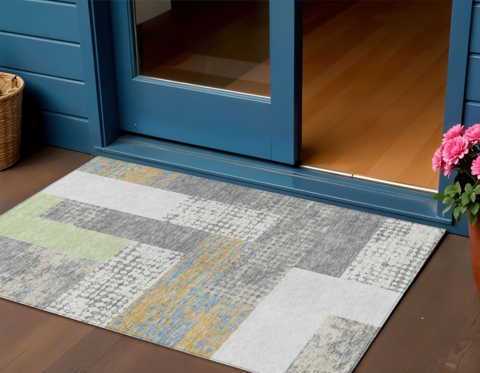 3' X 5' Gray Ivory And Mint Green Geometric Washable Indoor Outdoor Area Rug-612418-1