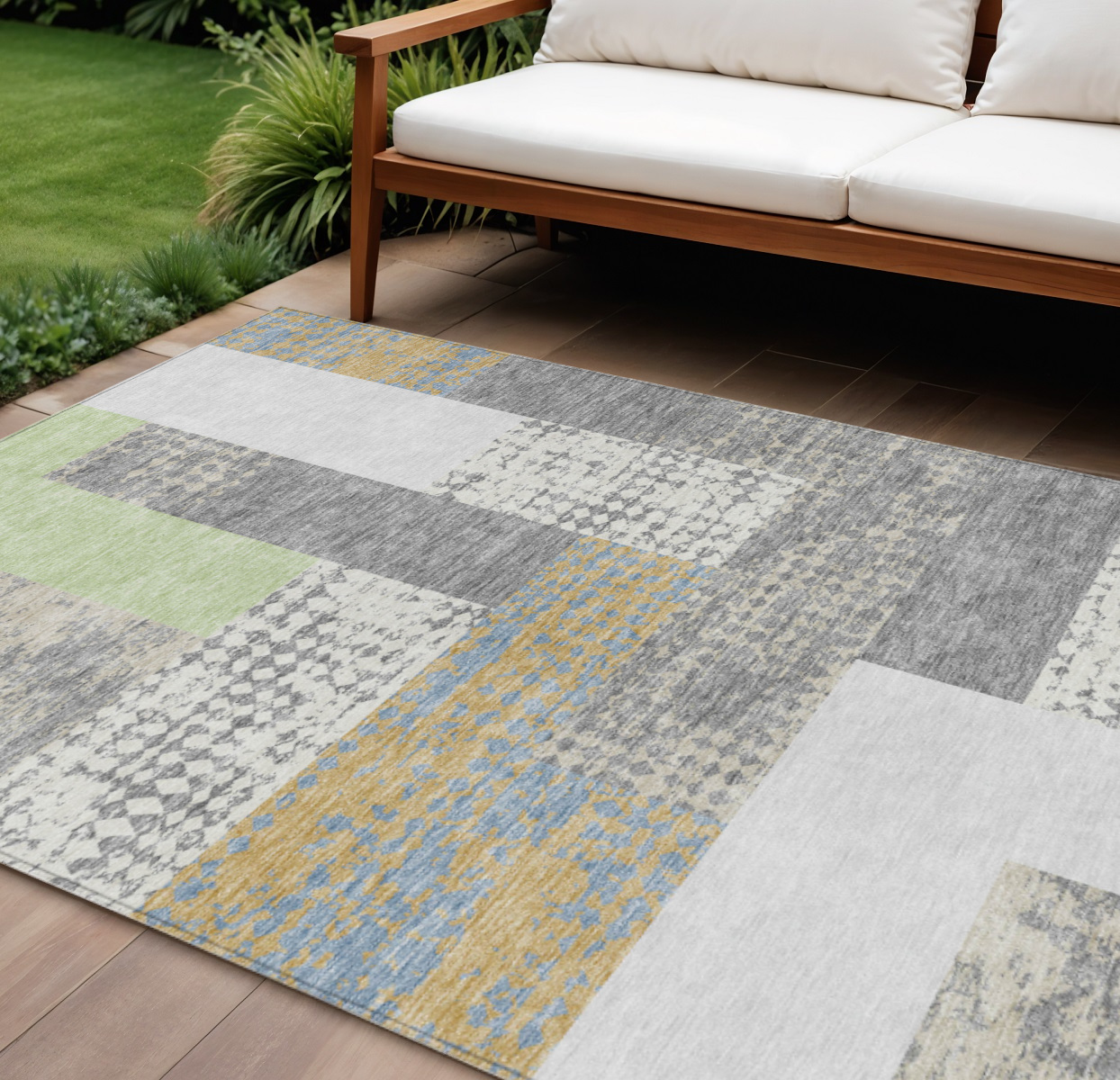 10' X 14' Gray Ivory And Mint Green Geometric Washable Indoor Outdoor Area Rug-612423-1