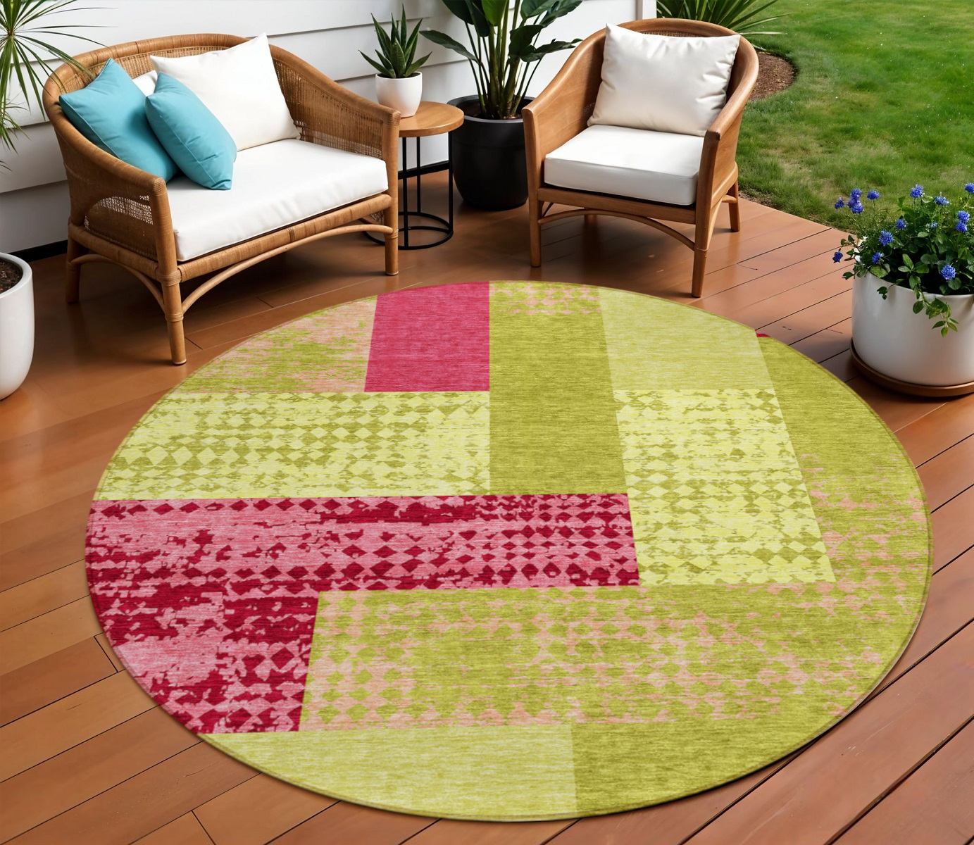 8' Lime Green And Pink Round Geometric Washable Indoor Outdoor Area Rug-612426-1