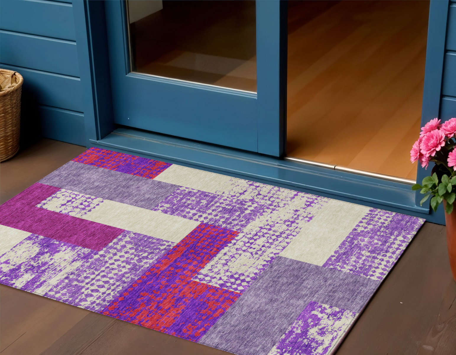 3' X 5' Lavender Ivory And Red Geometric Washable Indoor Outdoor Area Rug-612430-1