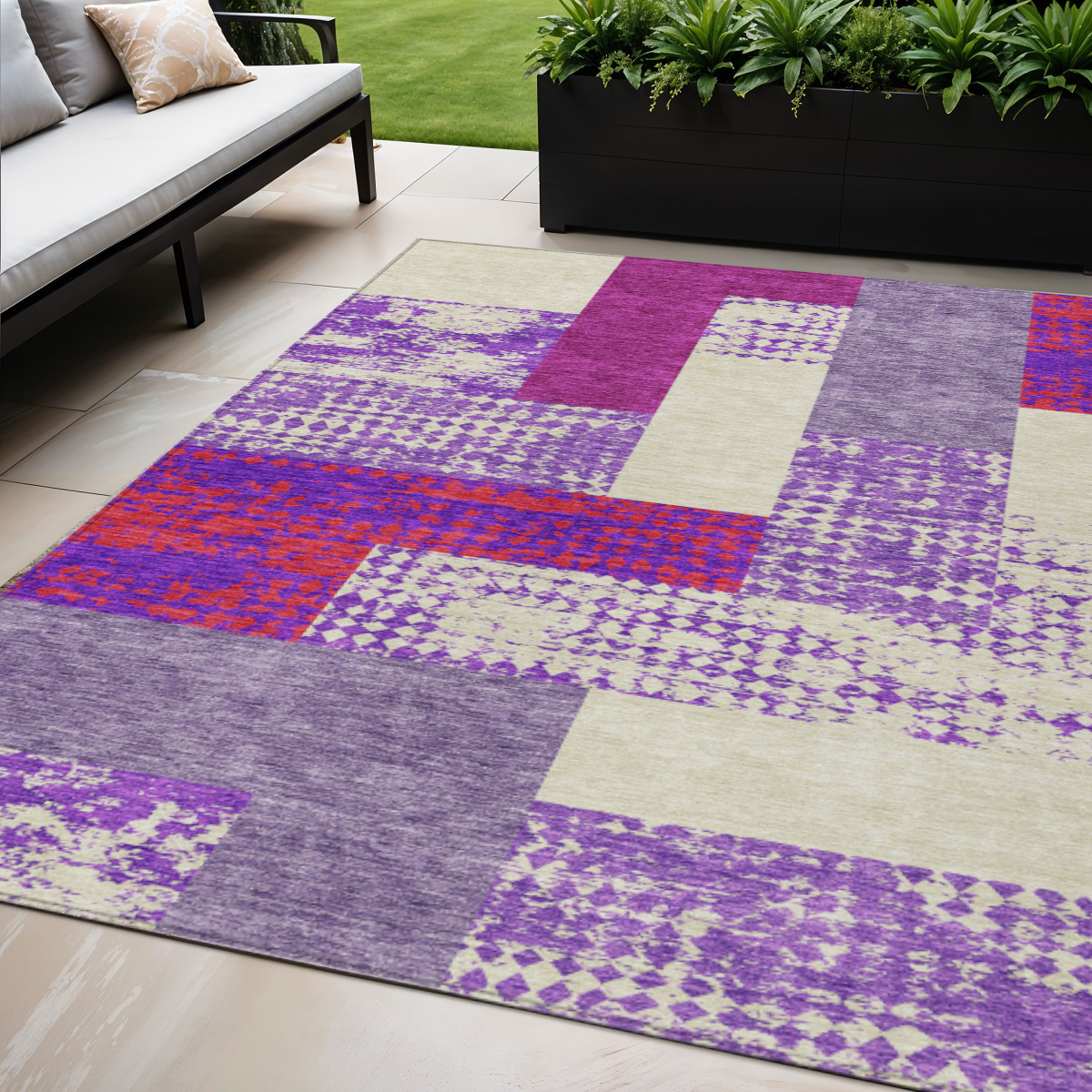 5' X 8' Lavender Ivory And Red Geometric Washable Indoor Outdoor Area Rug-612431-1