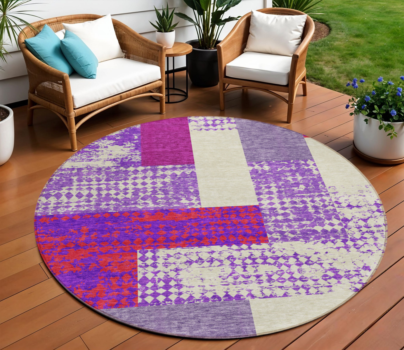 8' Lavender Ivory And Red Round Geometric Washable Indoor Outdoor Area Rug-612432-1
