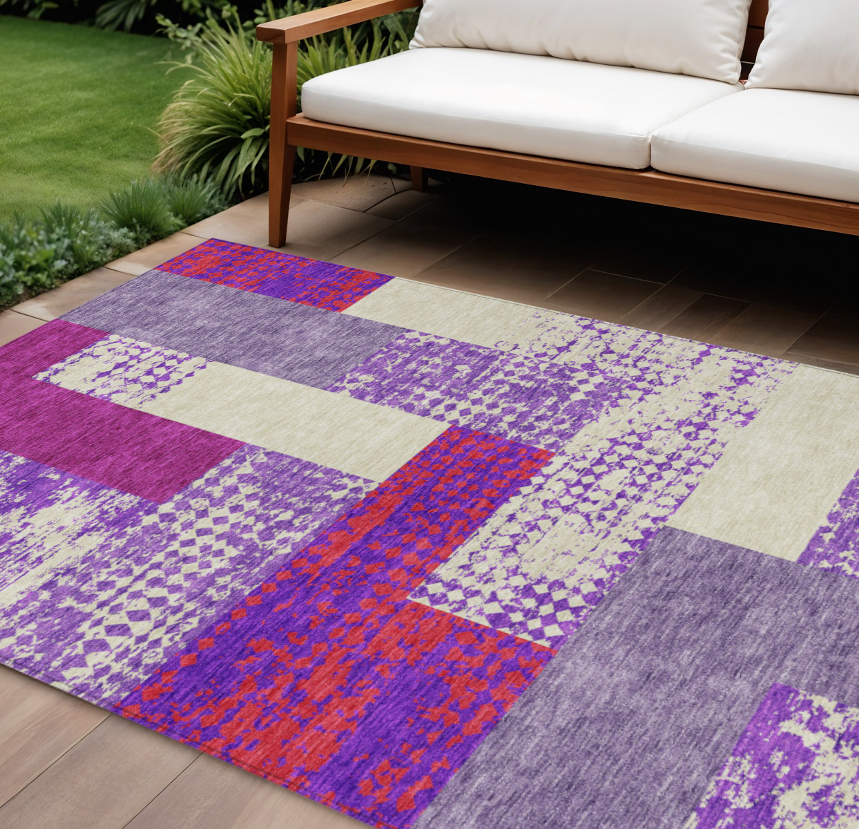 10' X 14' Lavender Ivory And Red Geometric Washable Indoor Outdoor Area Rug-612435-1