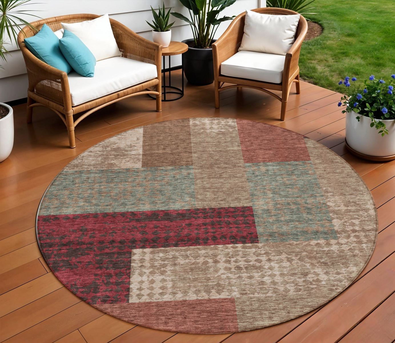 8' Brown And Terra Cotta Round Geometric Washable Indoor Outdoor Area Rug-612438-1