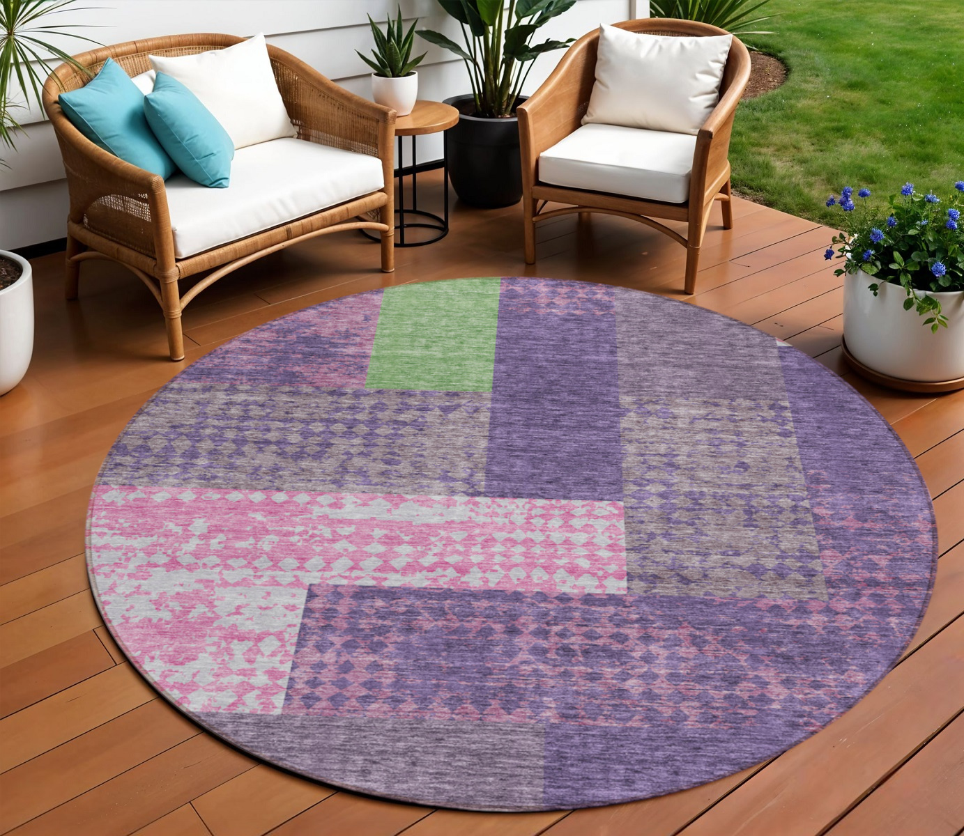 8' Purple Green And Pink Round Geometric Washable Indoor Outdoor Area Rug-612444-1