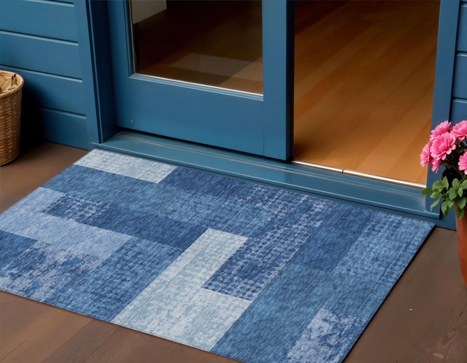 3' X 5' Navy Blue And Sky Blue Geometric Washable Indoor Outdoor Area Rug-612448-1